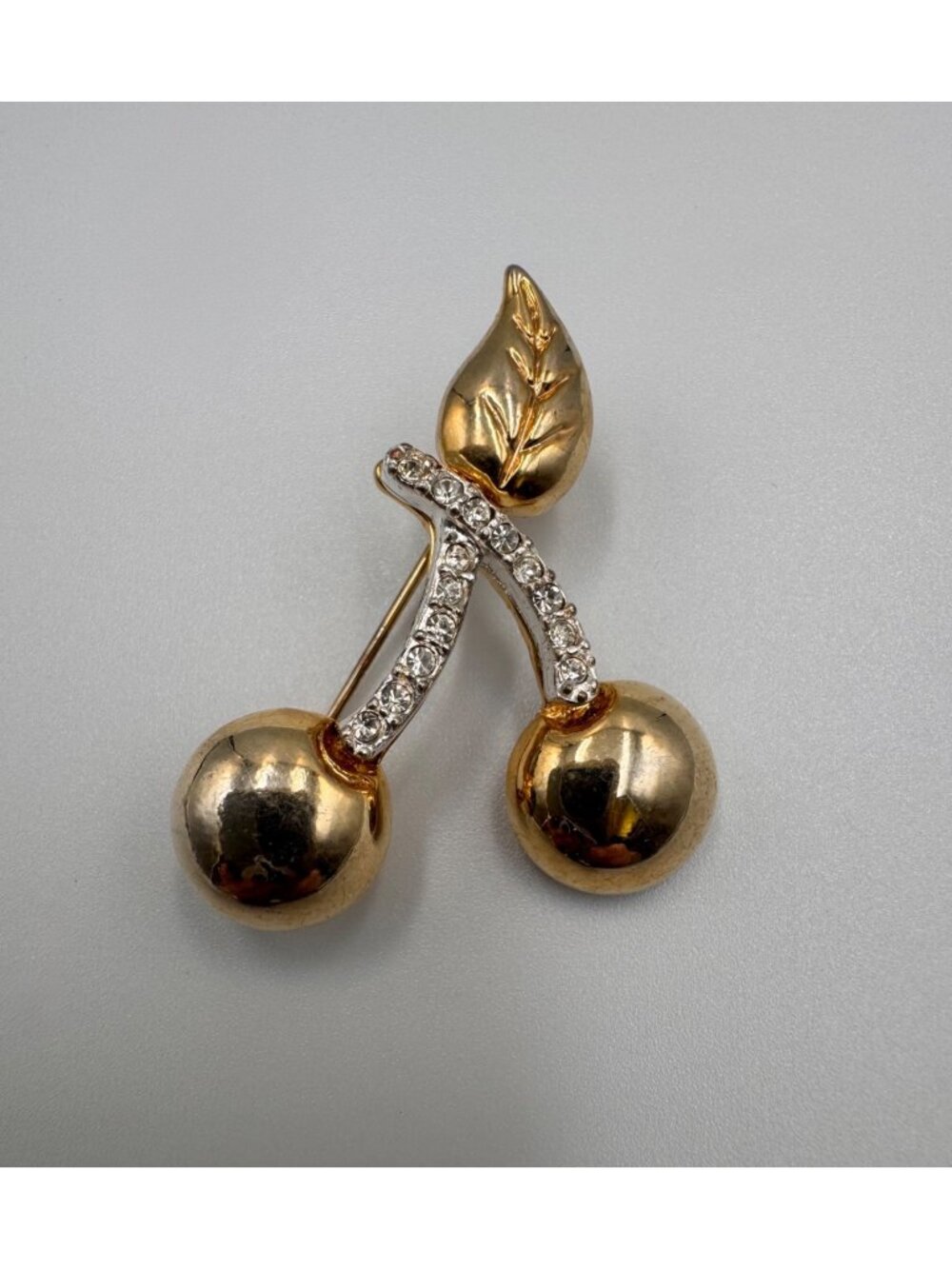 Vintage Rhinestone Cherry Brooch Gold Tone Two Tone Fruit Pin 1.5”